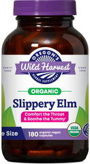 Oregon's Wild Harvest Slippery Elm capsules bottle showing organic vegan formula for throat and digestive comfort