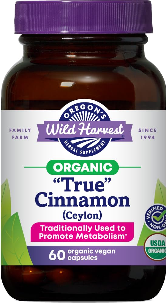 Oregon's Wild Harvest True Cinnamon bottle showing vegan capsules and organic quality