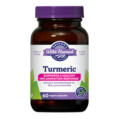 Oregon's Wild Harvest turmeric bottle pour showing capsules may support healthy inflammation after exercise.