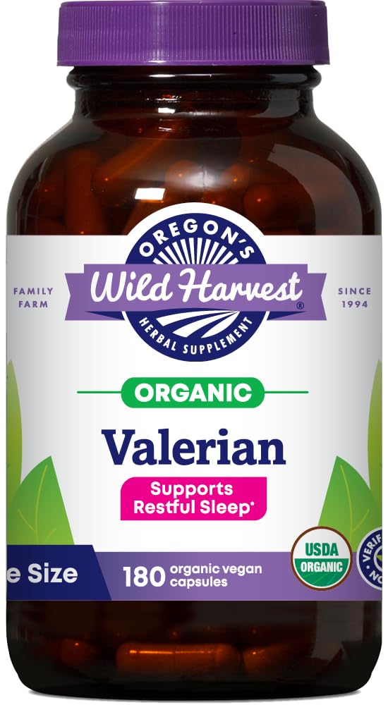 Oregon's Wild Harvest valerian capsules bottle closeup for non habit forming sleep support
