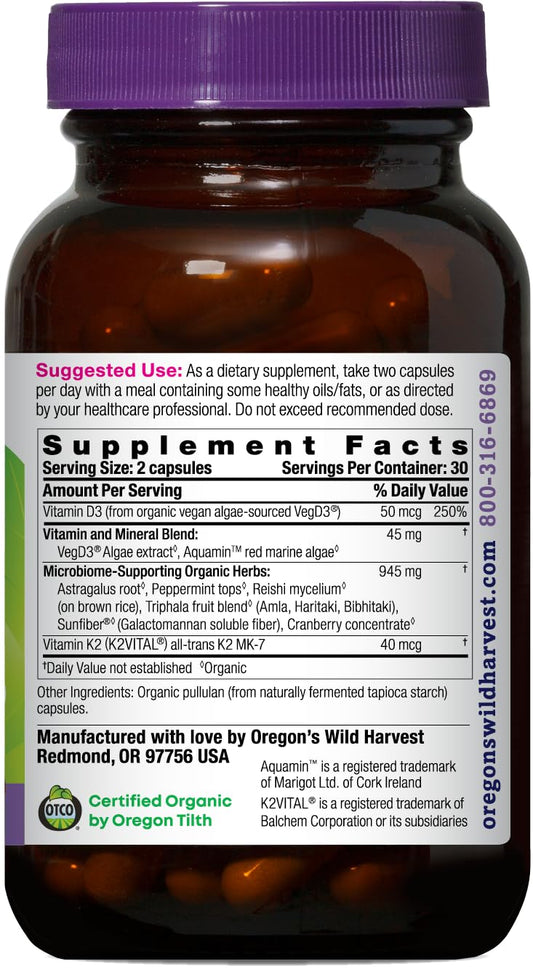 Close-up of vegan capsules highlighting plant-based VegD3 and K2 components