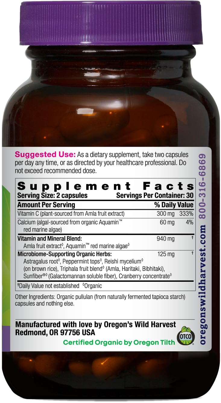 Oregon's Wild Harvest Vitamin C capsules closeup for vegan immune support.