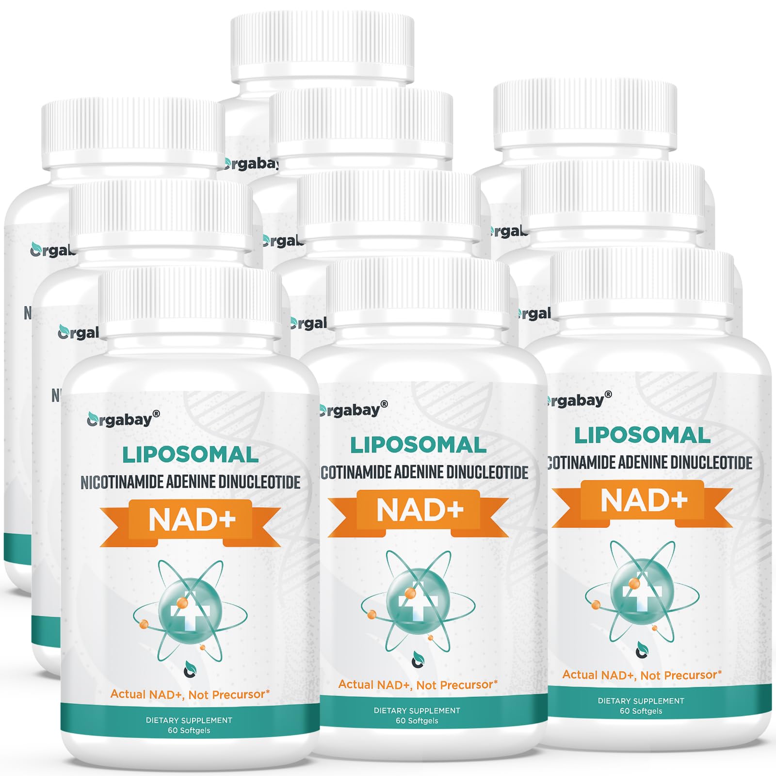 Orgabay liposomal NAD+ softgel bottle showcasing high absorption potential.