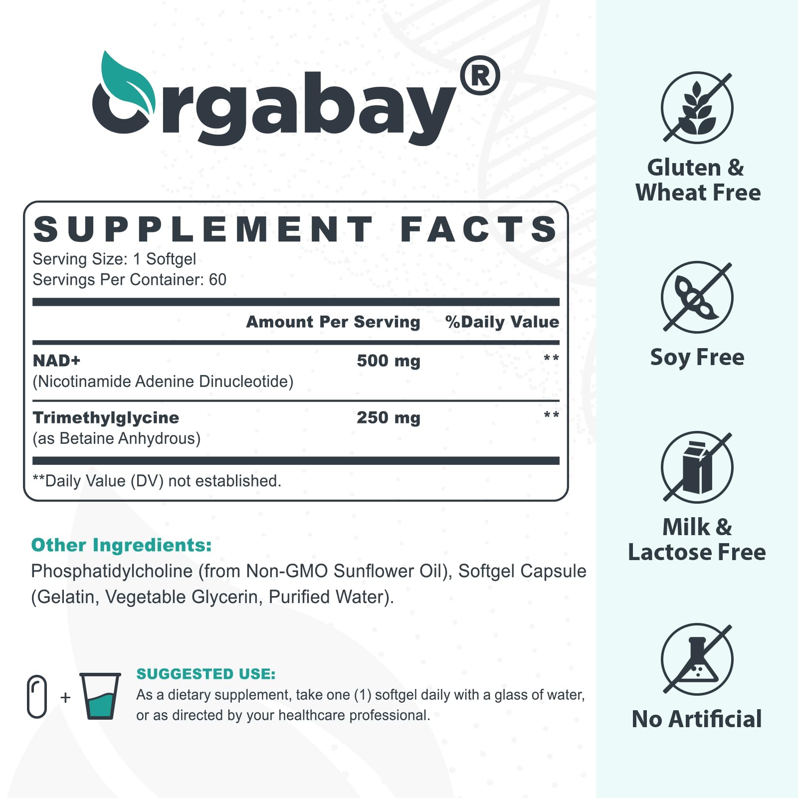 Orgabay NAD+ softgels close-up shows 500 mg per softgel.