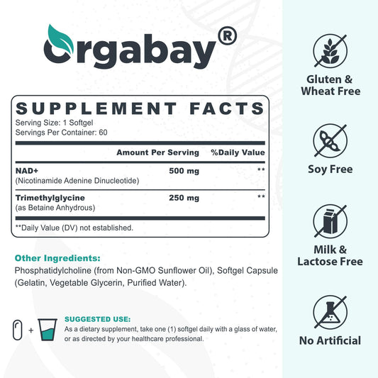 Orgabay NAD+ softgels close-up shows 500 mg per softgel.
