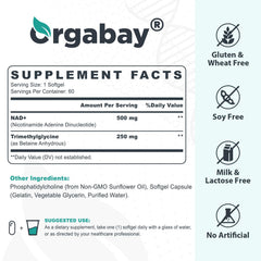 Orgabay NAD+ softgels close-up shows 500 mg per softgel.