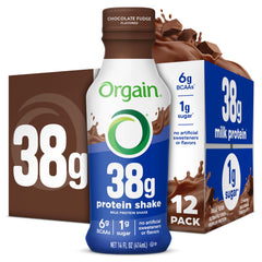 Orgain 38g High Protein Shake bottle in chocolate fudge flavor for on-the-go protein.