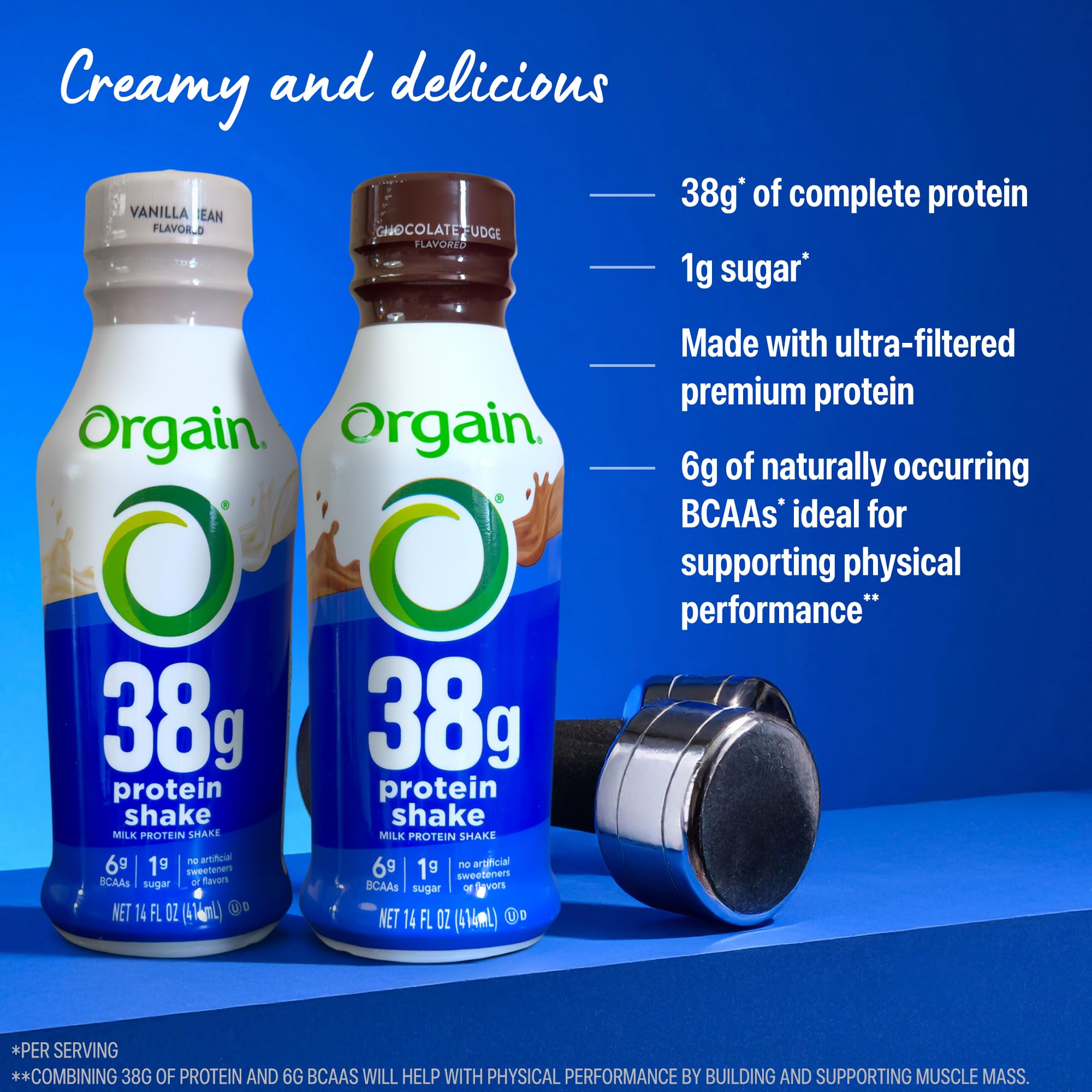 Orgain Chocolate Fudge shake in glass, highlighting low sugar and rich taste.