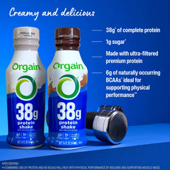 Orgain Chocolate Fudge shake in glass, highlighting low sugar and rich taste.