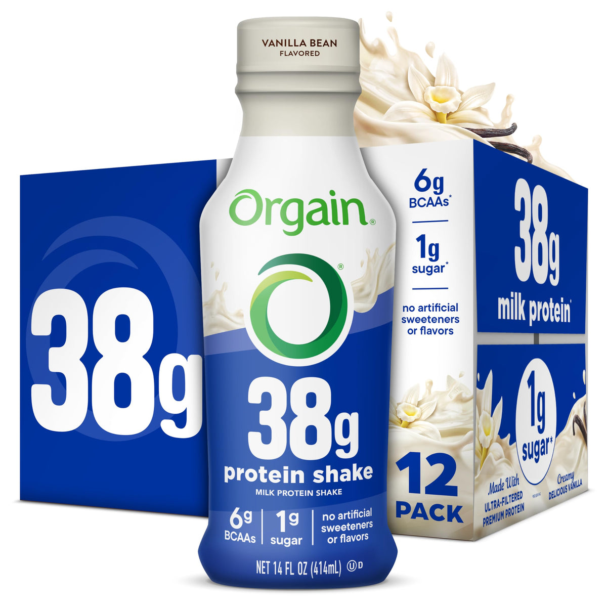 Orgain 38g High Protein Shake vanilla bottle, protein-rich ready-to-drink.