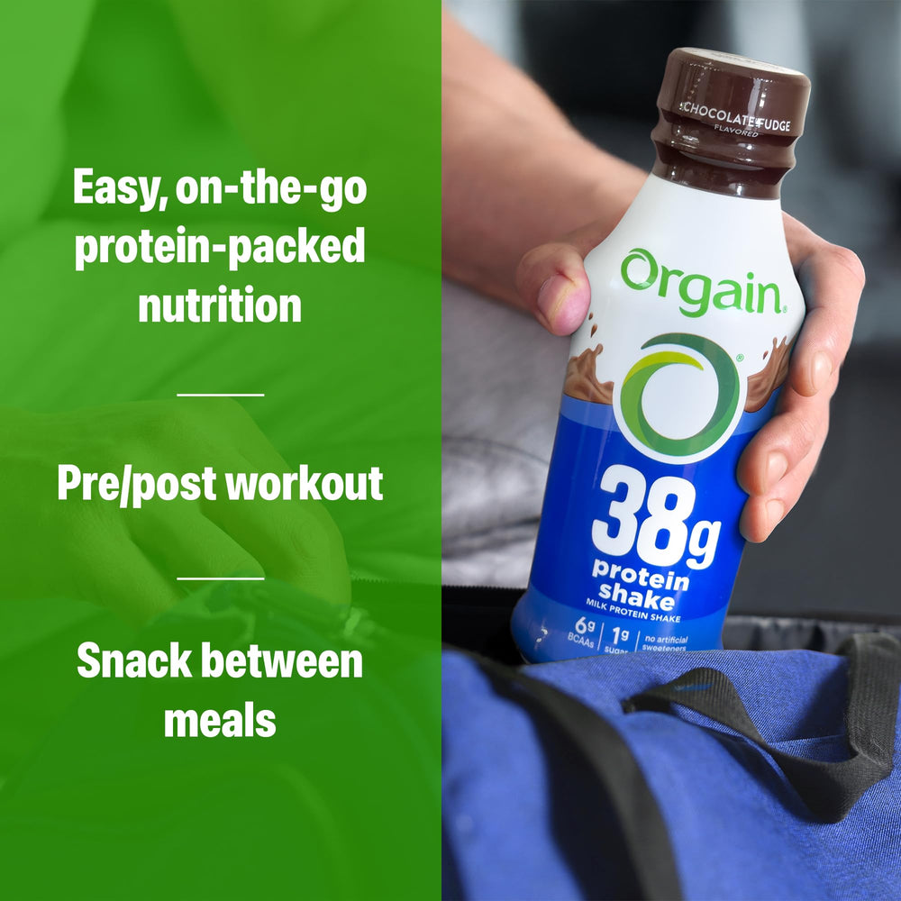Orgain shake with measuring cup showing 38g protein per serving.
