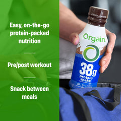 Orgain shake with measuring cup showing 38g protein per serving.
