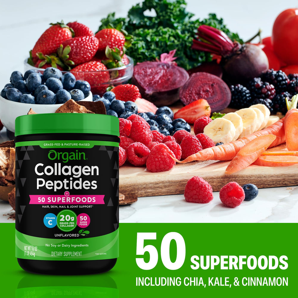 Orgain label notes vitamin C from amla supporting collagen absorption and synthesis.