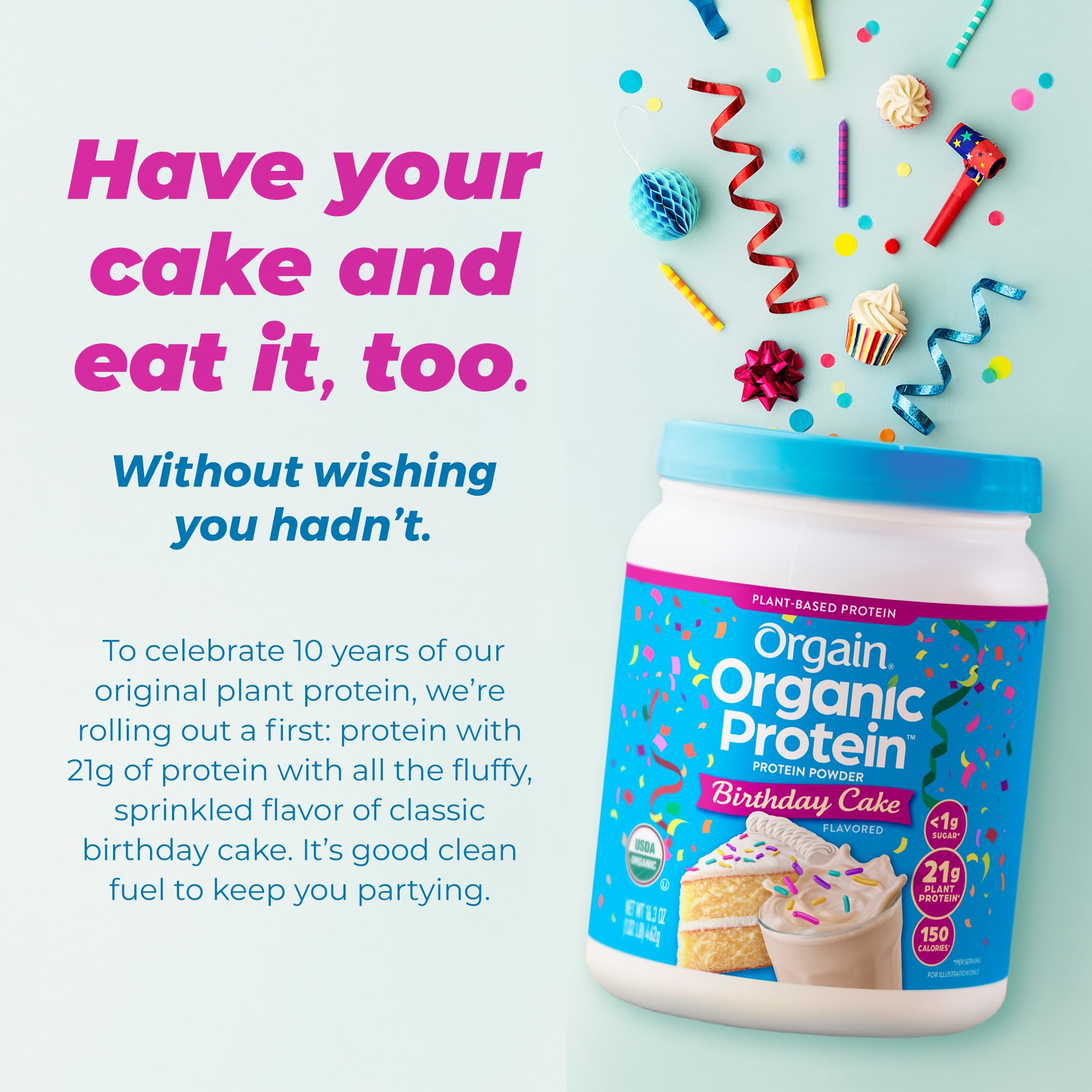Orgain Birthday Cake nutrition panel shows low sugar and 7g prebiotic fiber.