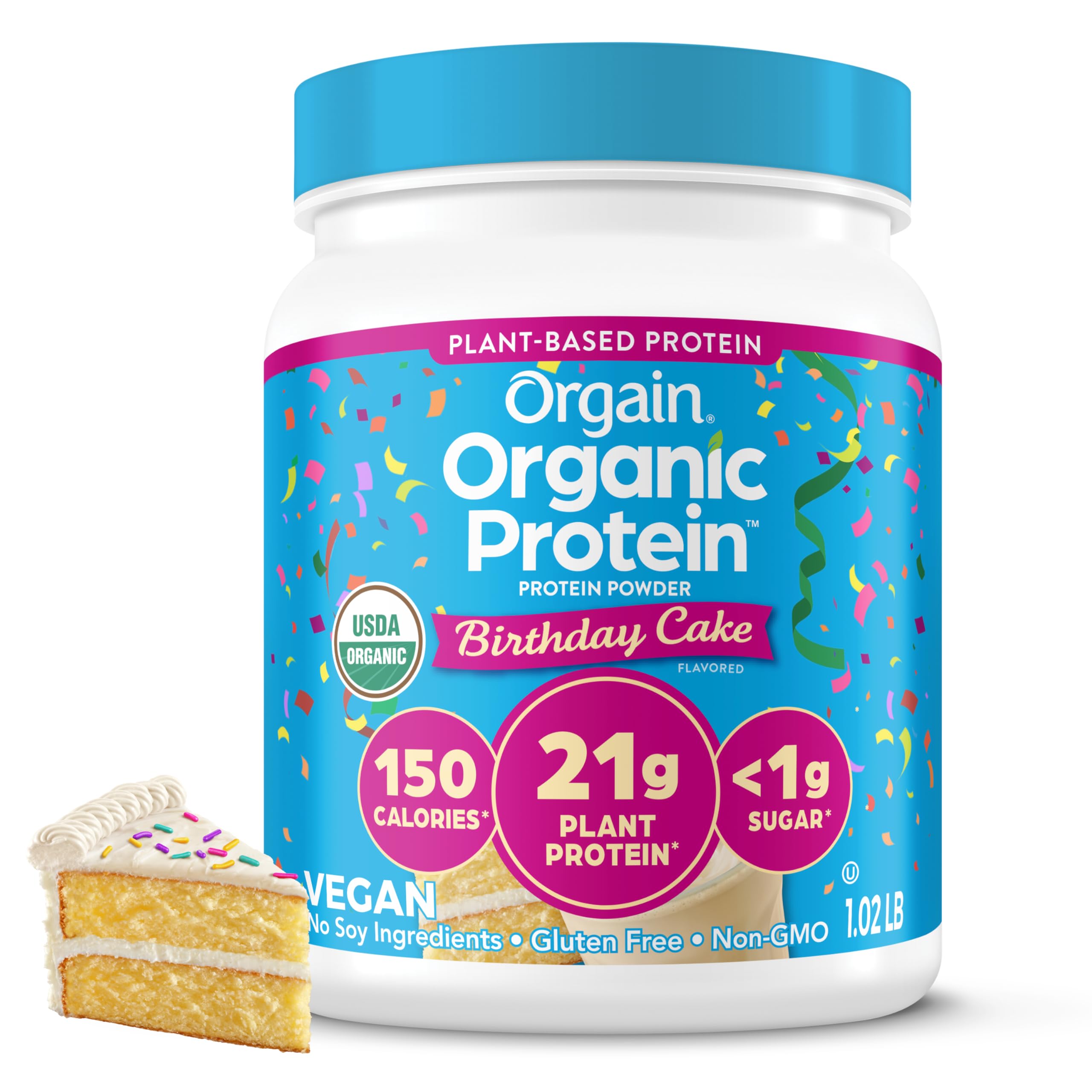 Orgain Birthday Cake protein powder bottle showing organic vegan formula for a creamy, dairy-free shake.