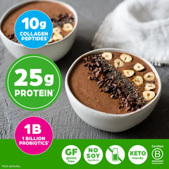 Orgain 1.6lb bottle with creamy chocolate fudge packaging on counter