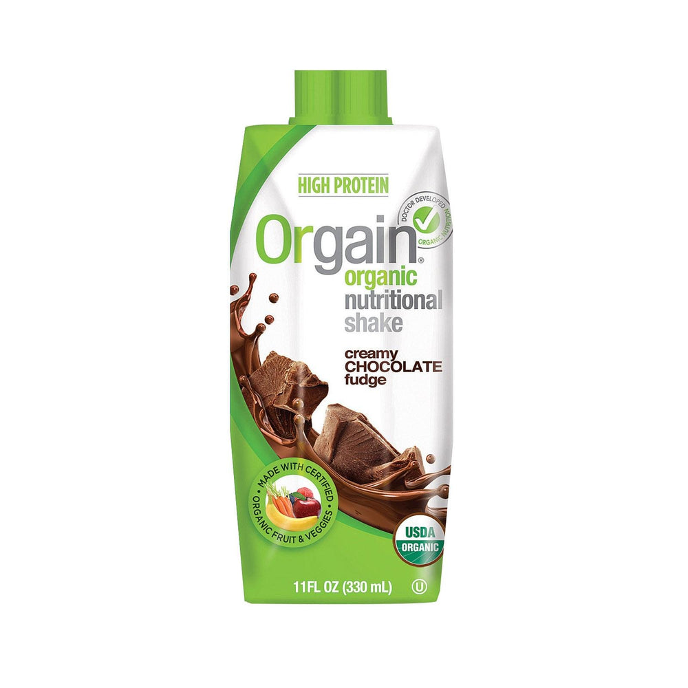 Orgain Chocolate Fudge ready-to-drink bottle with 16g protein for on-the-go nutrition.