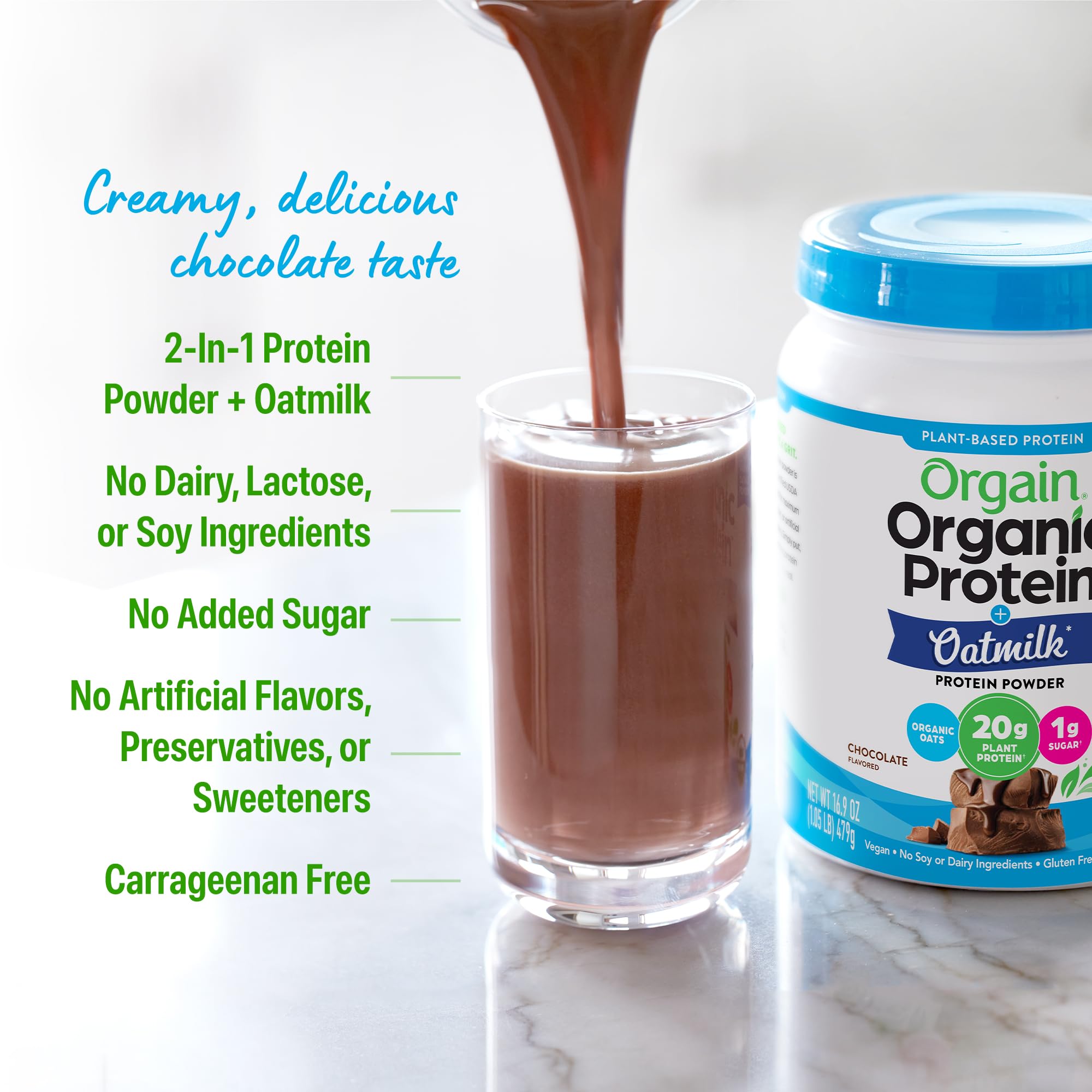 Orgain chocolate protein oatmilk shaker with glass ready for a quick meal