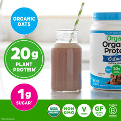 Orgain chocolate protein oatmilk smoothie in blender emphasizing creamy texture