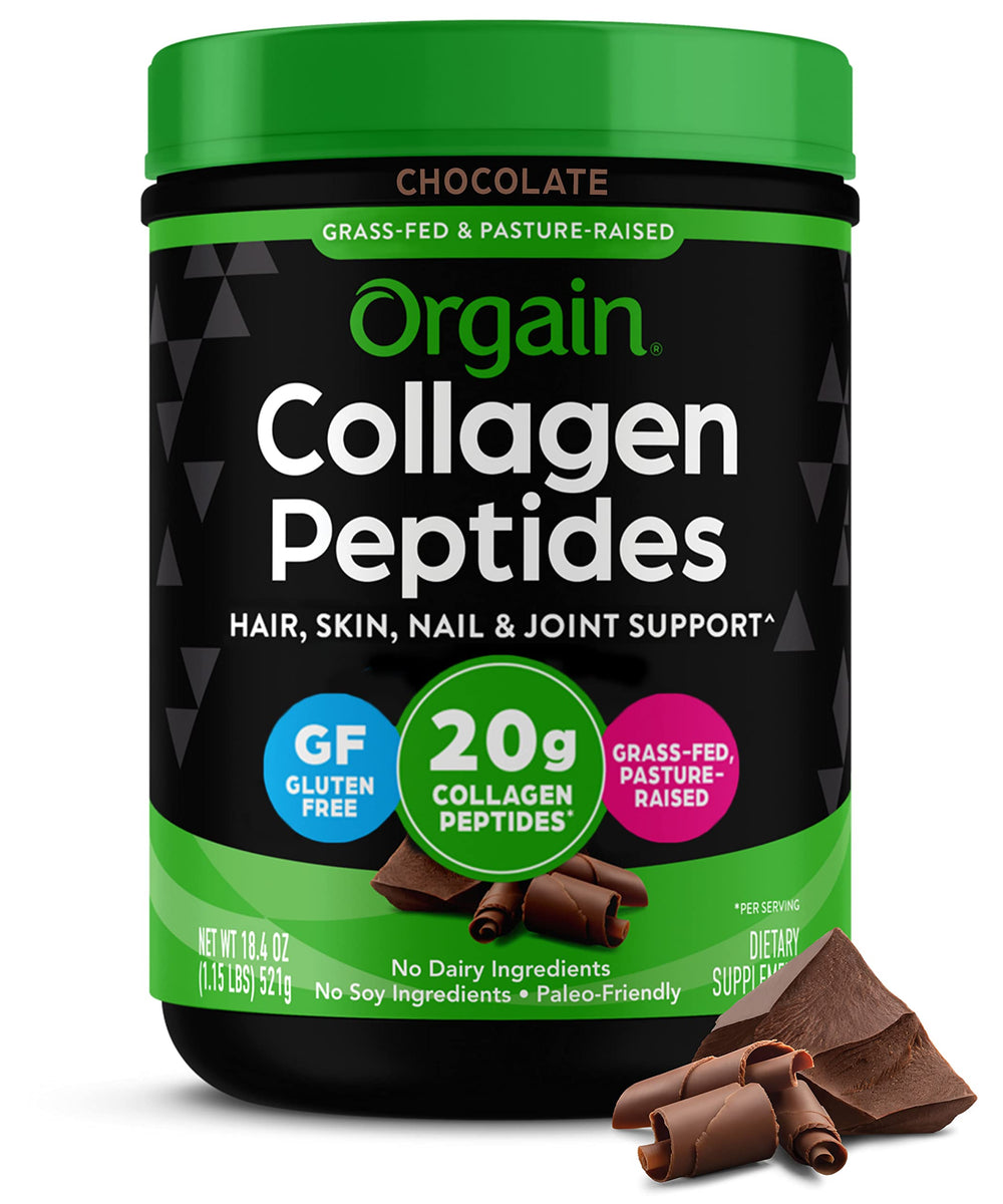 Orgain collagen peptides chocolate tub supports daily beauty and joint care.