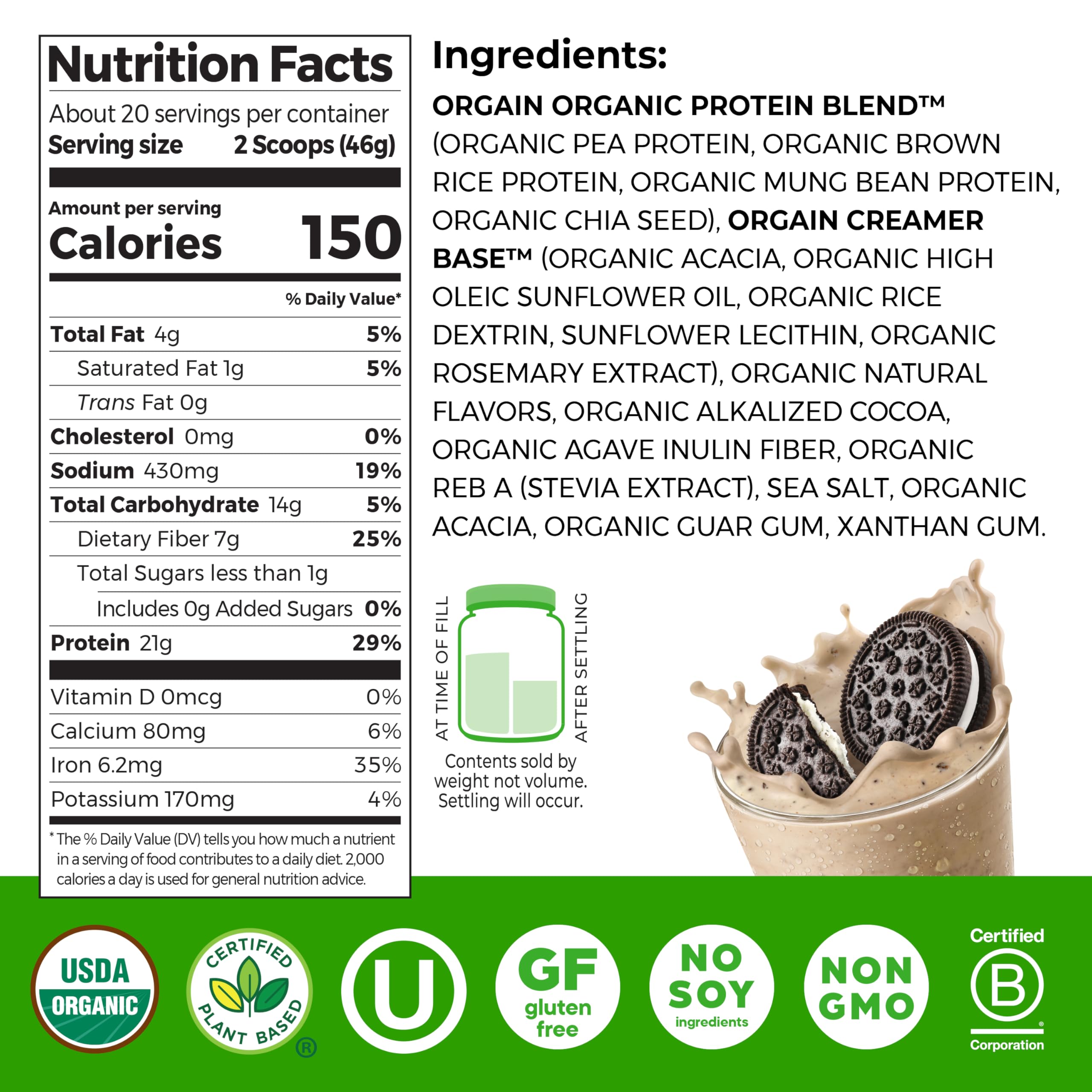 Orgain Cookies and Cream shake glass showing smooth texture