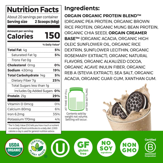 Orgain Cookies and Cream shake glass showing smooth texture
