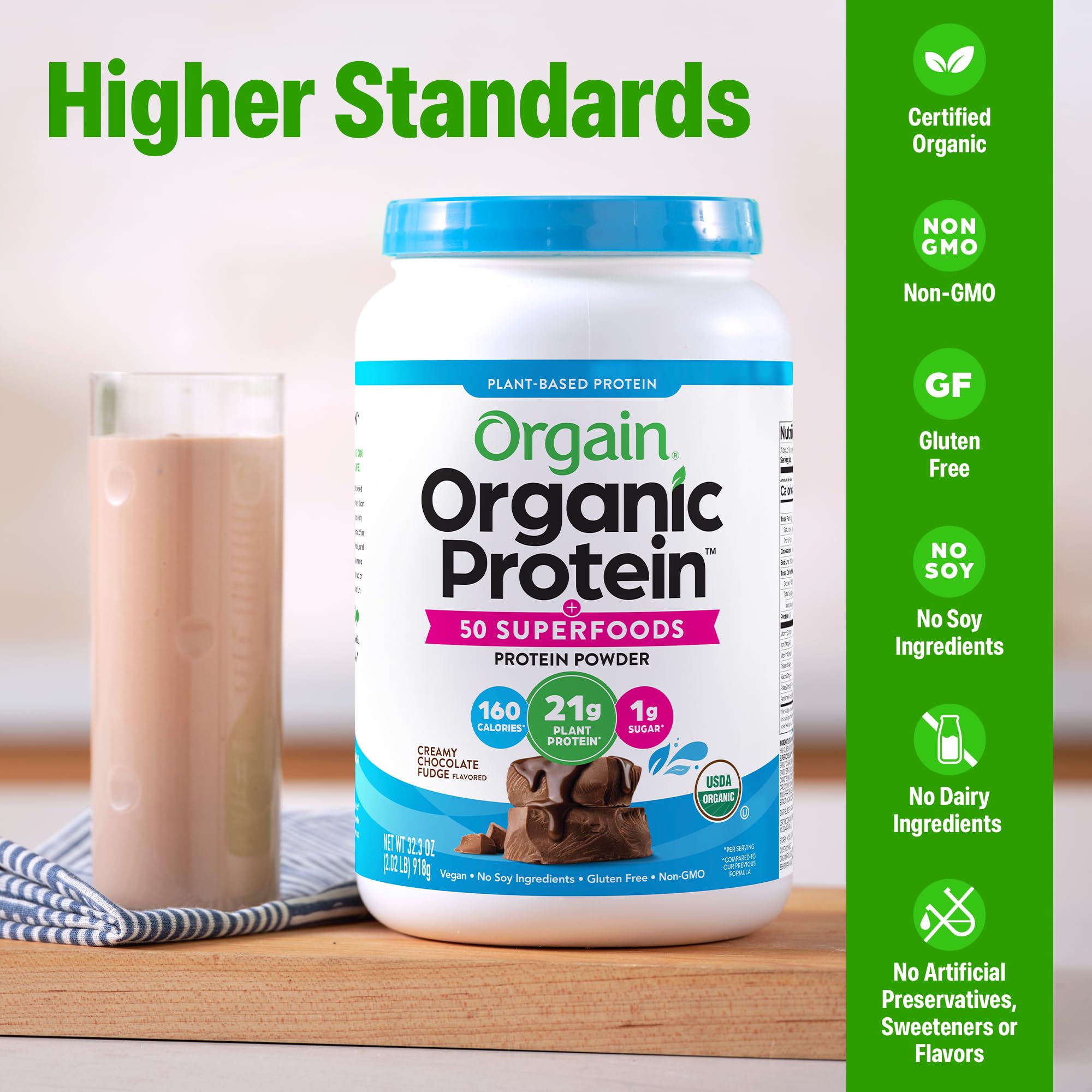 Orgain creamy chocolate fudge flavor; mix with water or plant milk for a quick shake