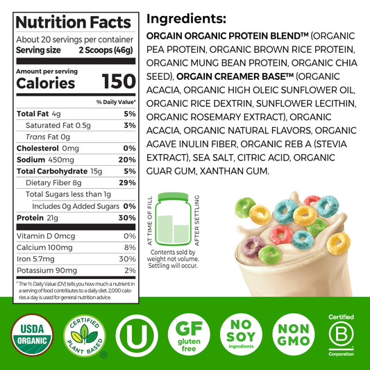 Orgain Fruity Cereal being poured into blender for a smoothie