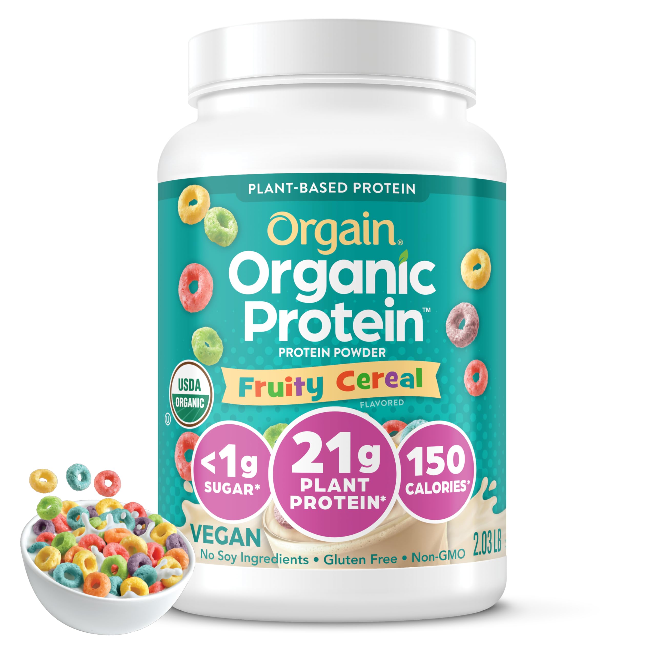 Orgain Fruity Cereal protein powder tub labeled, ideal for shakes