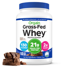Orgain Grass-Fed Whey Protein Powder container shows Creamy Chocolate Fudge flavor, supporting daily protein needs.