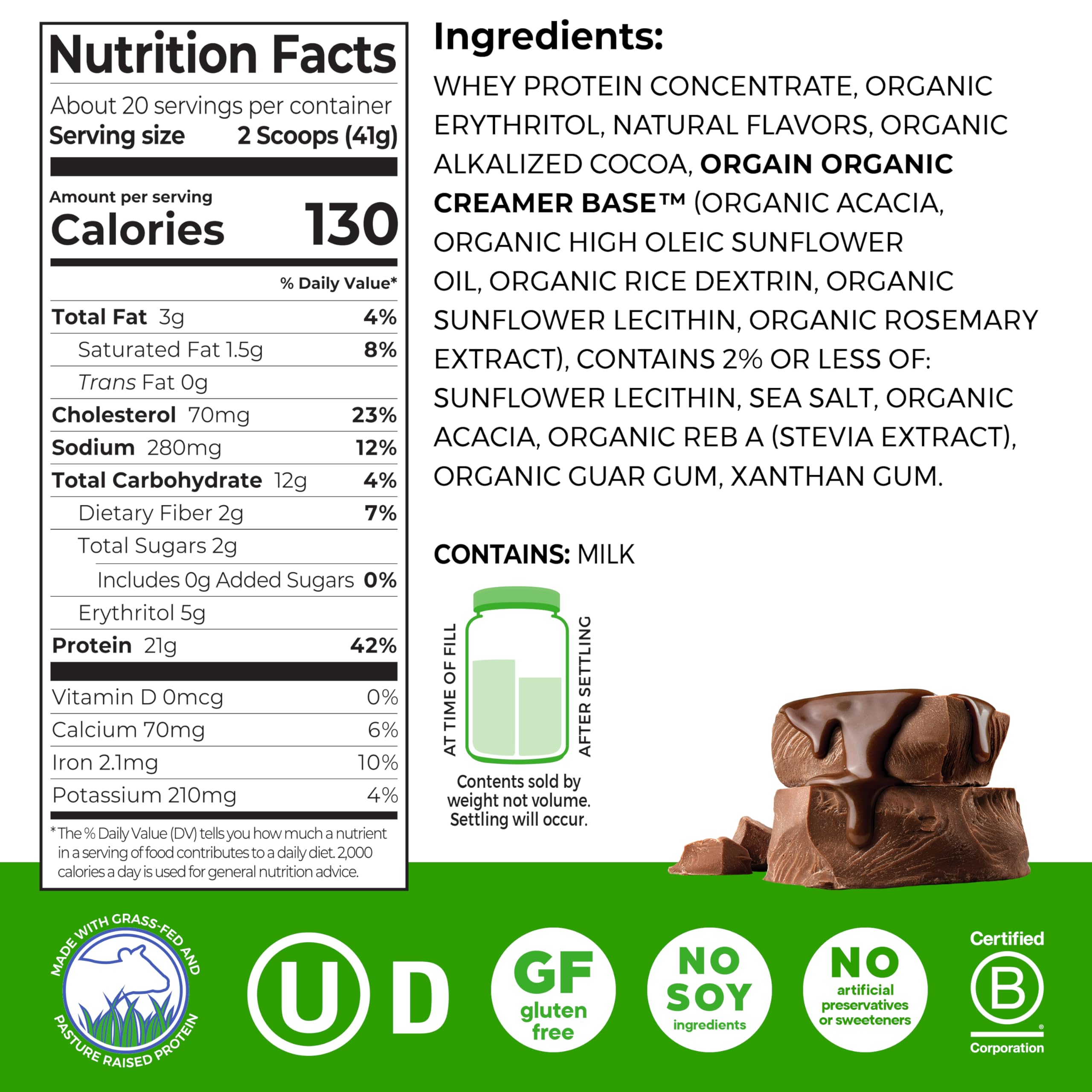 Orgain Creamy Chocolate Fudge shake image demonstrates quick, versatile mix for smoothies.