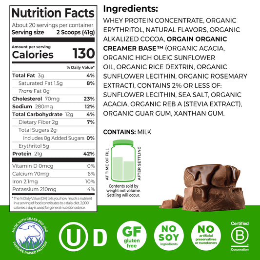 Orgain Creamy Chocolate Fudge shake image demonstrates quick, versatile mix for smoothies.