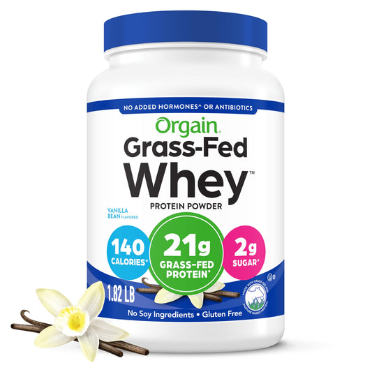 Orgain Grass-Fed Whey Protein Powder Vanilla Bean, ideal for smooth shakes.