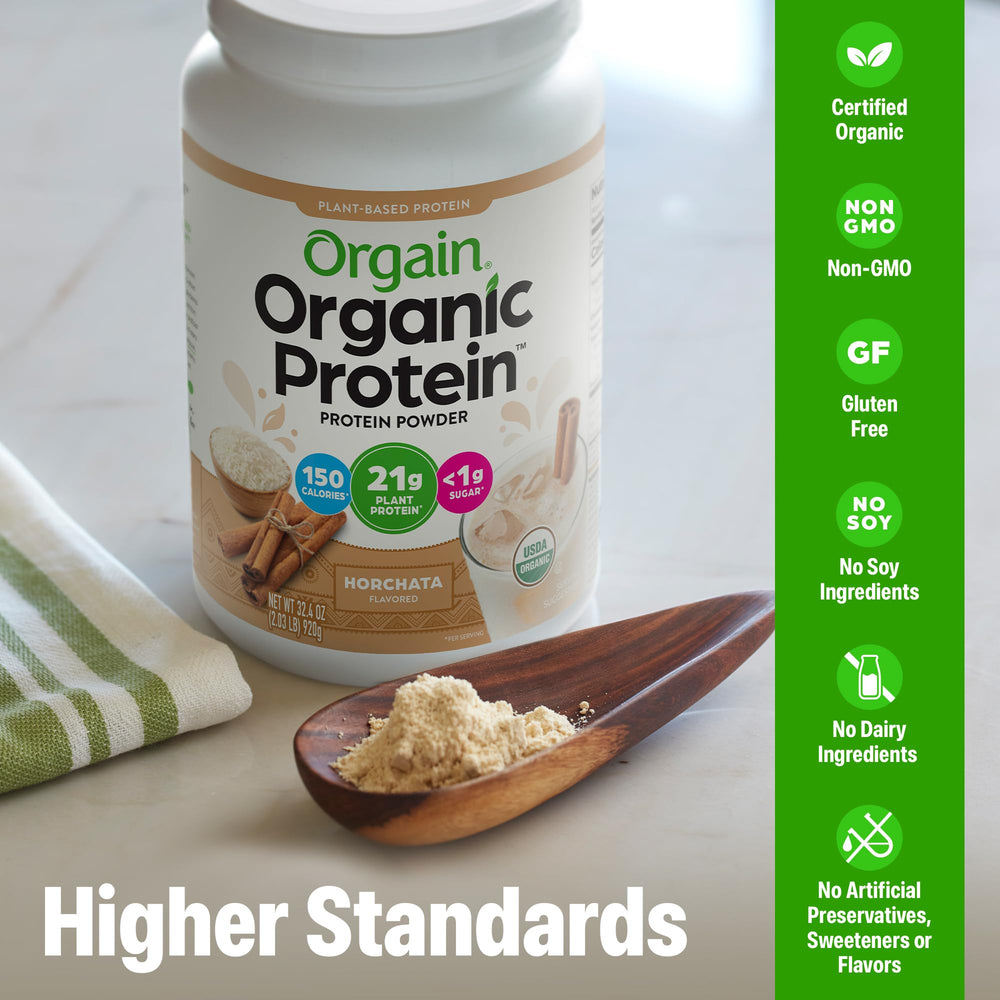 Orgain Horchata packaging on kitchen counter beside a ready-to-make smoothie.