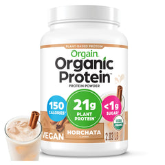 Orgain Horchata protein powder jar front view for creamy shakes.