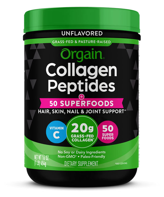 Orgain hydrolyzed collagen powder bottle highlights grass-fed sourcing for skin and joints support.