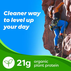 Orgain peas-brown-rice-chia blend illustration emphasizes complete amino acids.