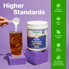 Orgain ingredient list highlights gluten-free, non-GMO, no sugar features.