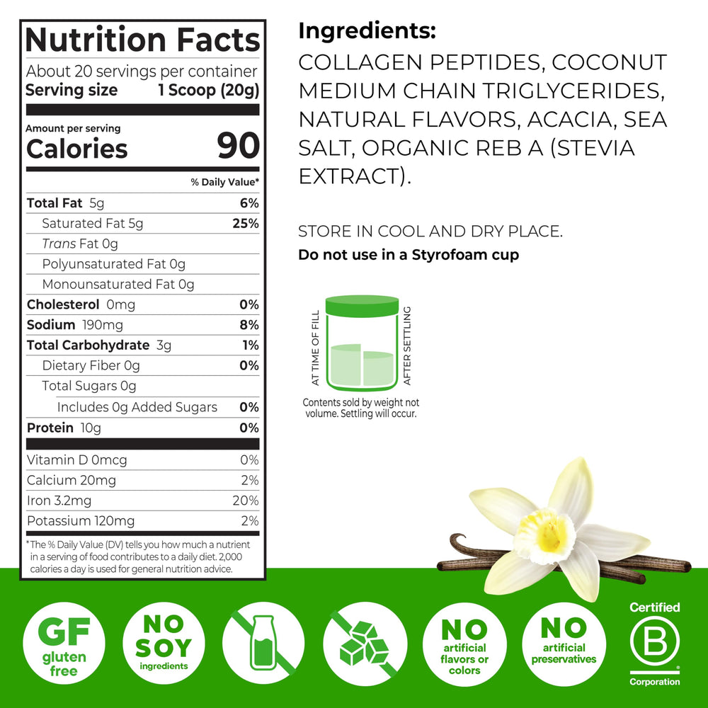 Pouring Orgain Keto Collagen Vanilla into a glass for a shake.