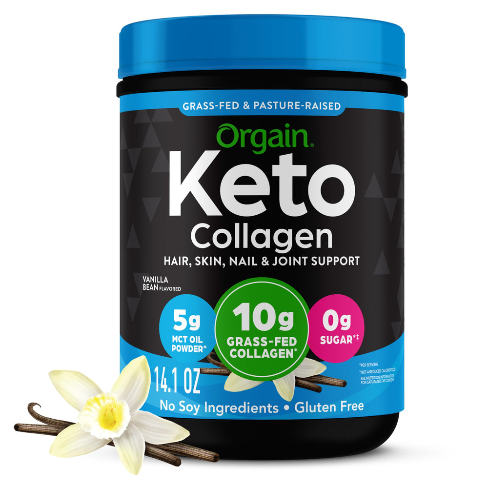 Orgain Keto Collagen Vanilla tub, keto-friendly protein blend.