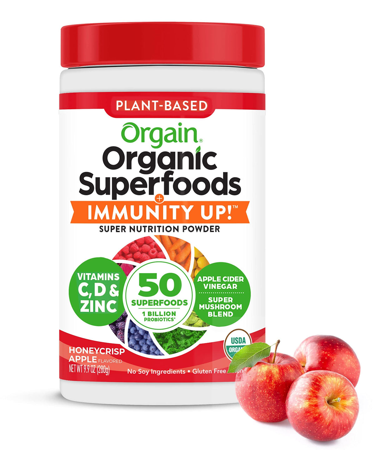 Orgain Greens + Immunity Up Honeycrisp Apple tub shown for daily nutrition.