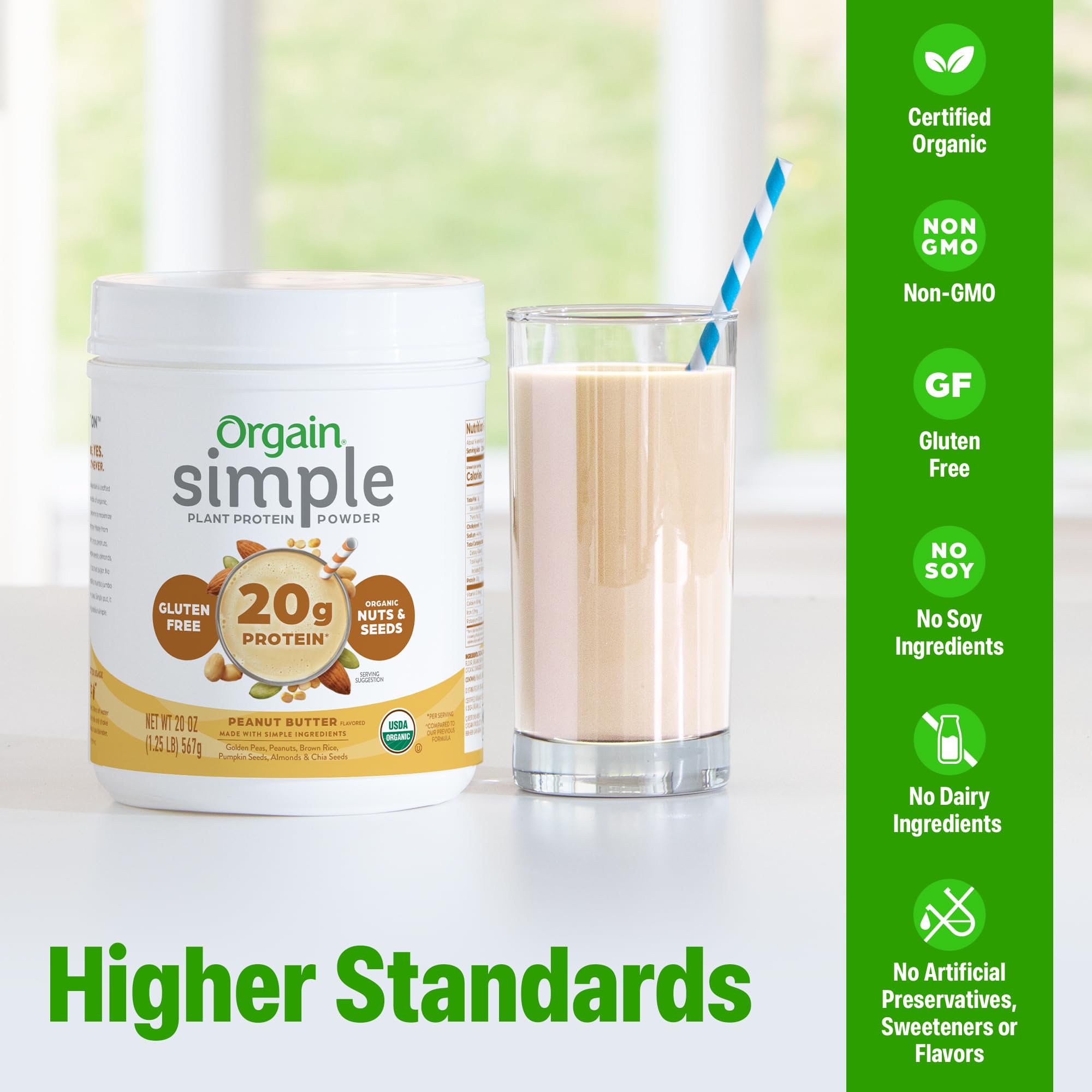 Close-up of Orgain organic ingredients including almonds, peanuts, chia and pumpkin seeds