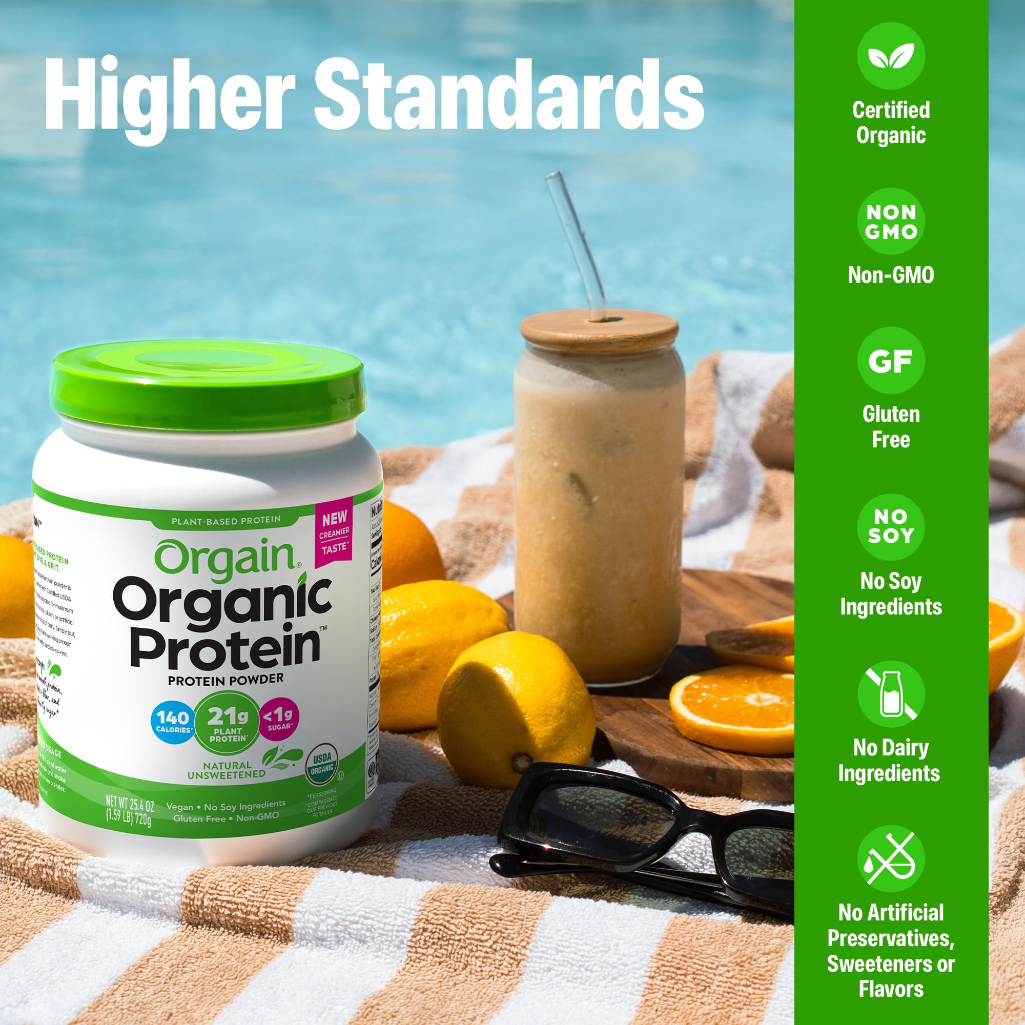 Orgain organic peas-brown rice-chia blend ingredients close-up for complete protein.