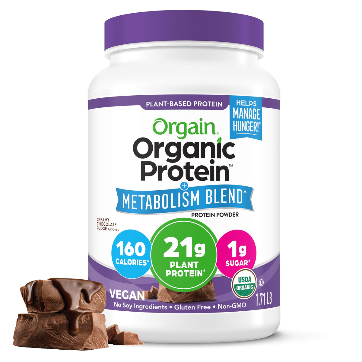 Orgain Organic Protein + Metabolism Blend Chocolate Fudge package ready for daily shakes.