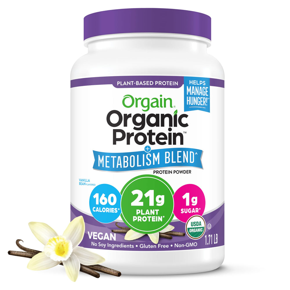 Orgain Organic Protein + Metabolism Blend bottle pouring into a creamy shake for quick nutrition