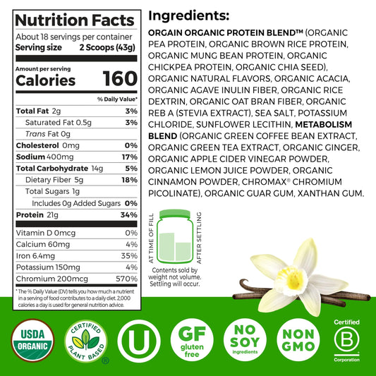 Closeup of Orgain canister highlighting 21g protein per serving for active lifestyles