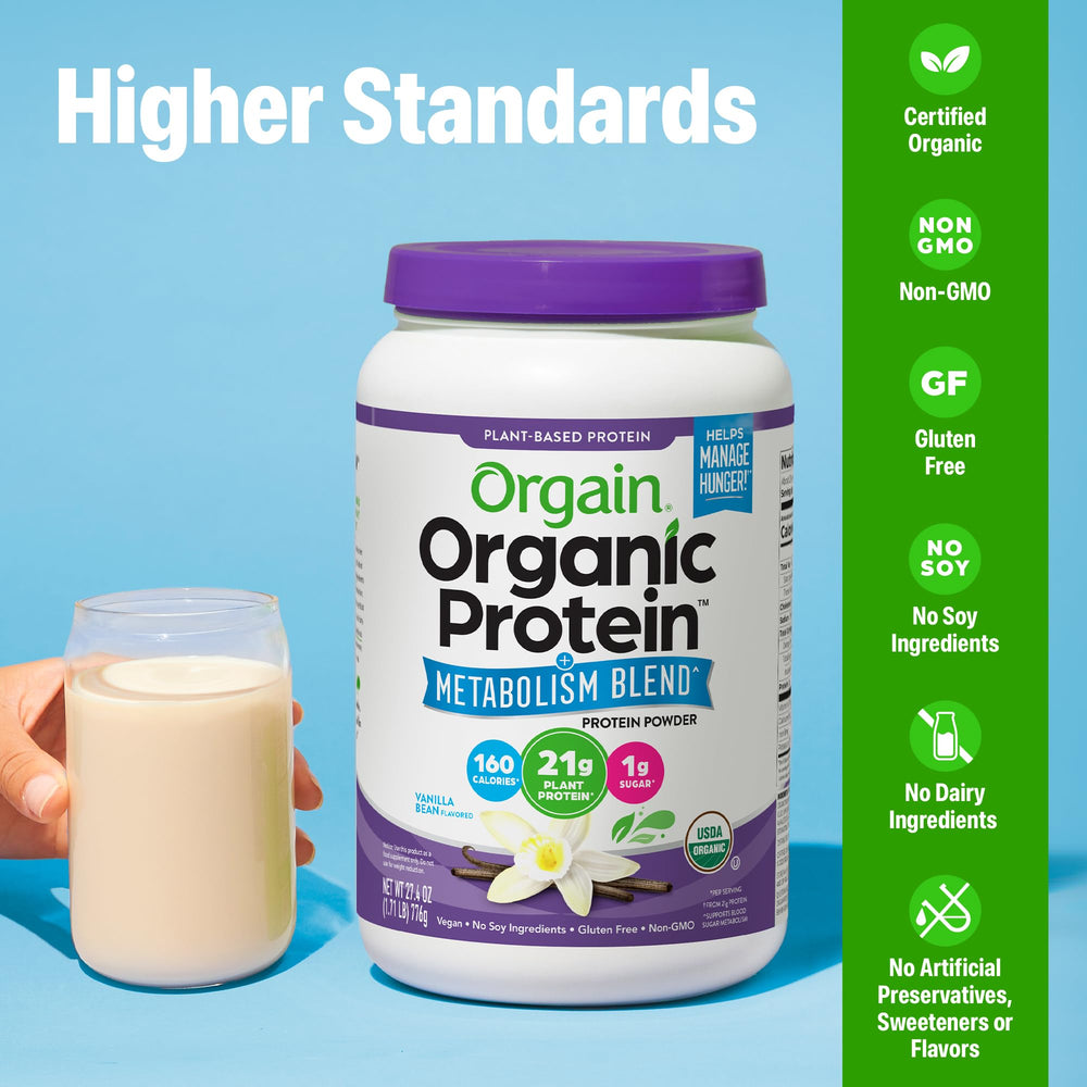 Orgain ingredients list on packaging featuring organic components and absence of soy and gluten