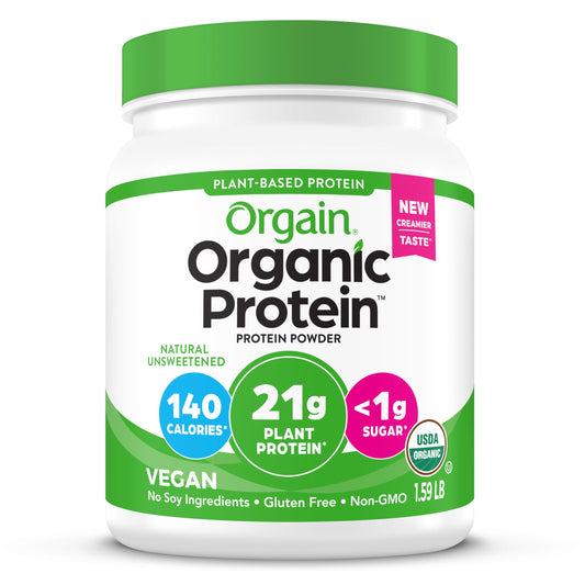 Orgain Organic Vegan Protein Powder bottle highlights plant-based protein for meals.