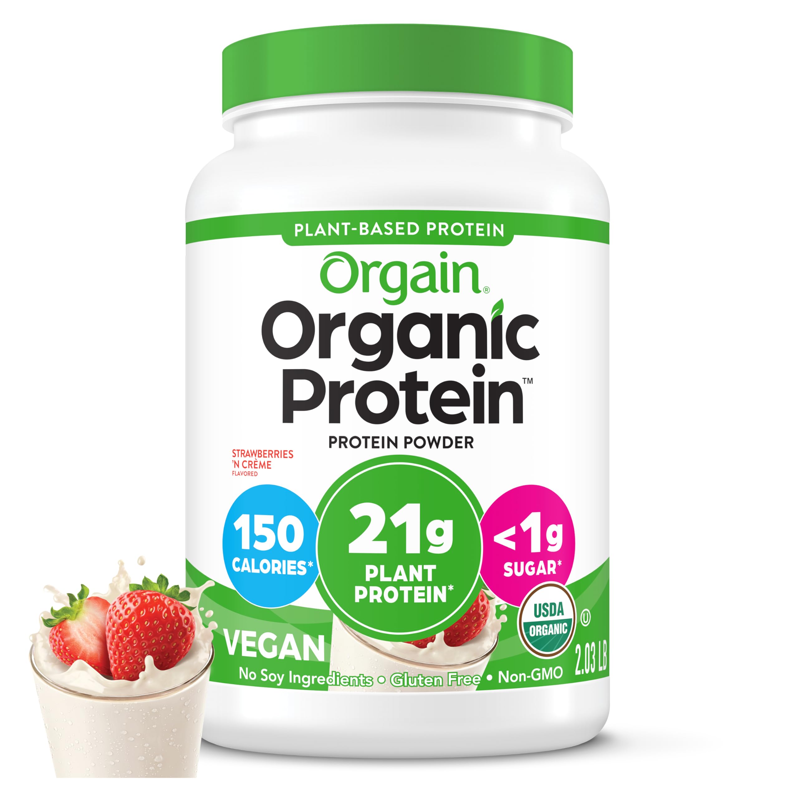 Orgain Strawberries & Cream vegan protein powder bottle ready for shakes.