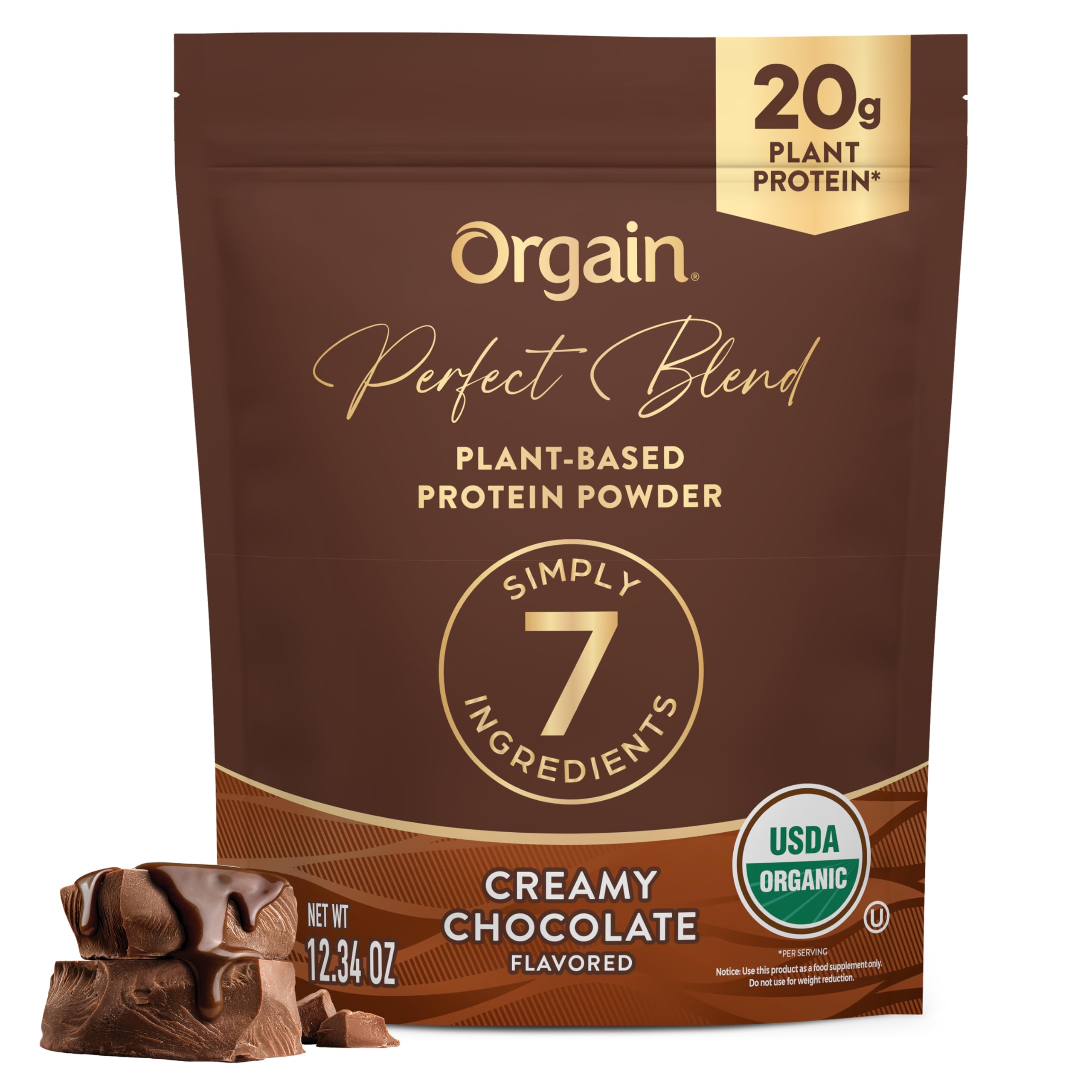 Orgain Perfect Blend chocolate powder with scoop for a protein-rich shake